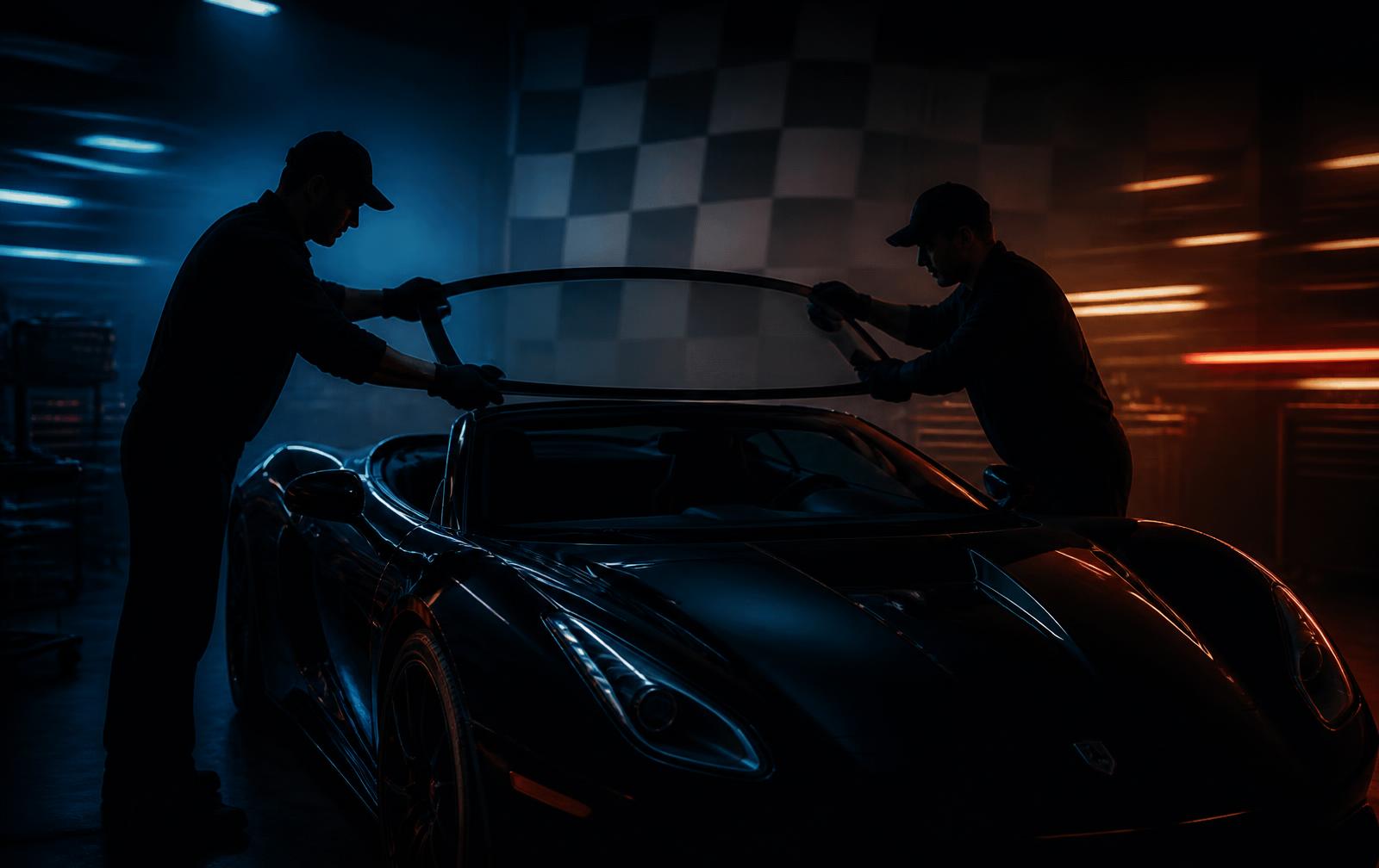 Technicians installing a new windshield on a sports car in a race-themed garage